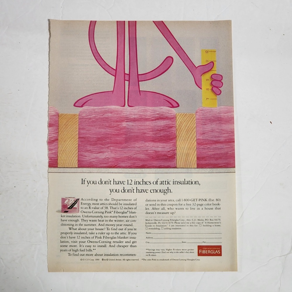 Vintage 1990 Owens-Corning Pink Panther Fiberglass Insulation Print Ad 8x10